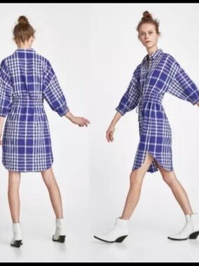Zara Blue and White Plaid Shirt Dress medium